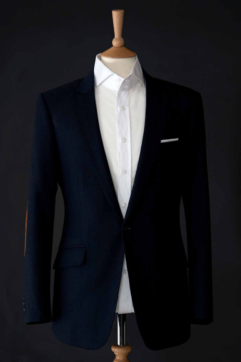 Navy Blue Herringbone Cashmere Blazer. One Front Button with Tan Suede Elbow Patches photo