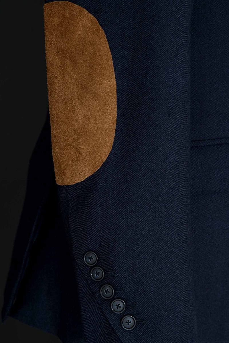 Navy Blue Herringbone Cashmere Blazer. Tan Suede Elbow Patches and Cut-away sleeve button detail photo