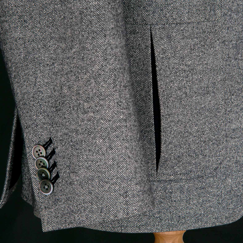 Grey Cashmere Birdseye Blazer with contrasting Navy Blue Herringbone Lapel and Pocket Insert photo